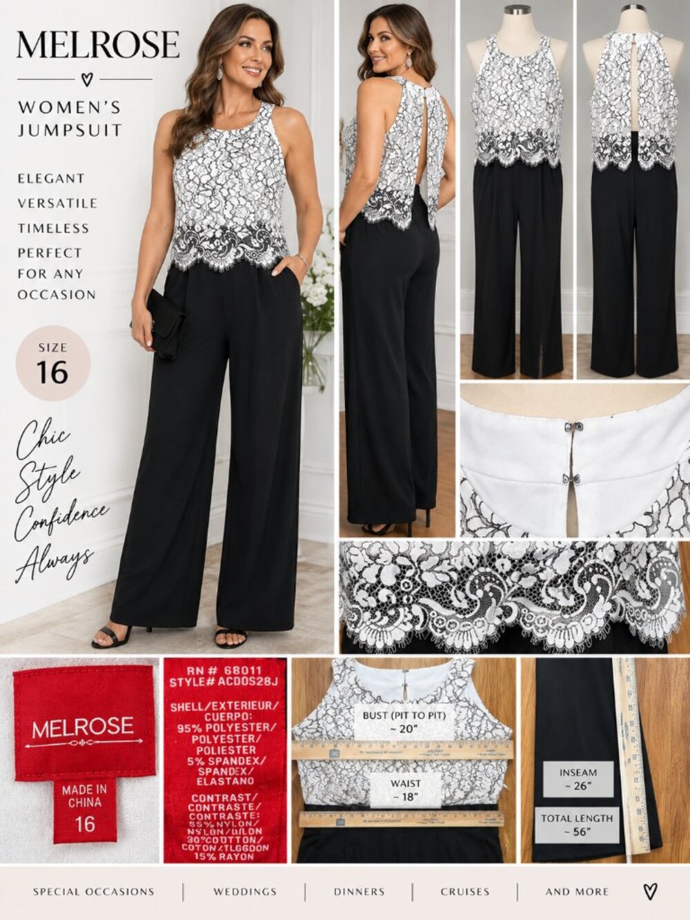 Melrose White Lace Halter Top w Black Wide Leg Jumper.  Side Pockets. Size 16